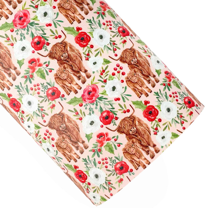 Holly and Pine Pink Highland Cow Floral Vegan Leather