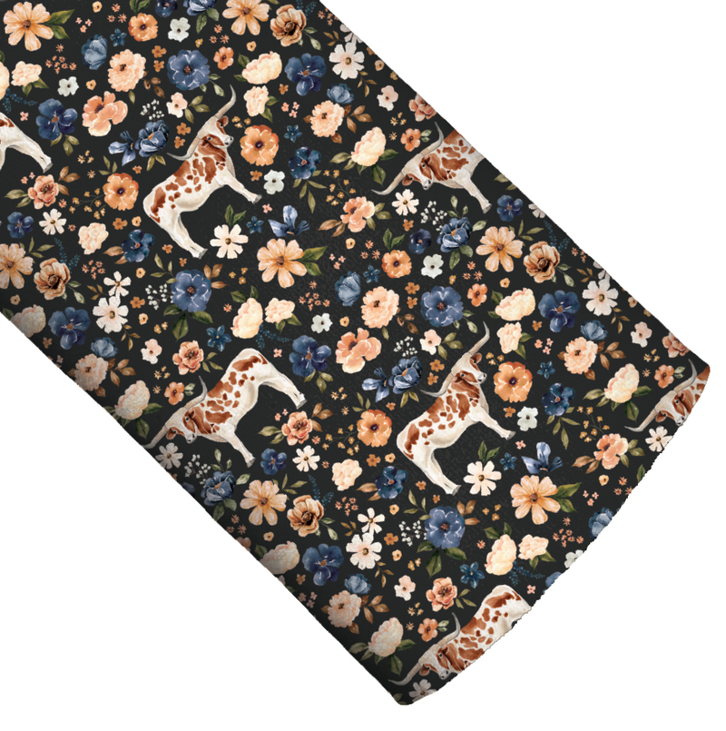 Farm and Meadow Longhorn Cow Floral Charcoal Faux Leather