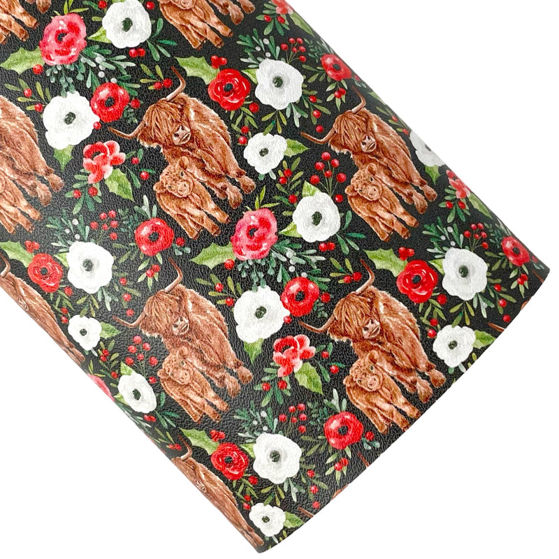 Holly and Pine Black Highland Cow Floral Vegan Leather