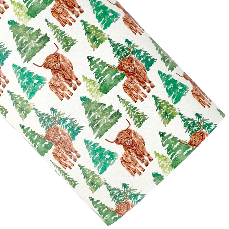 Holly and Pine Cream Highland Cow Forest Vegan Leather