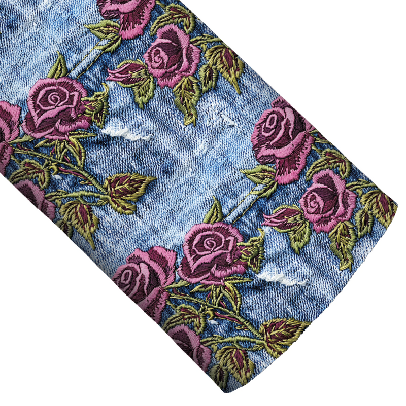 Plum Rose Denim Realistic Embroidery Faux Leather