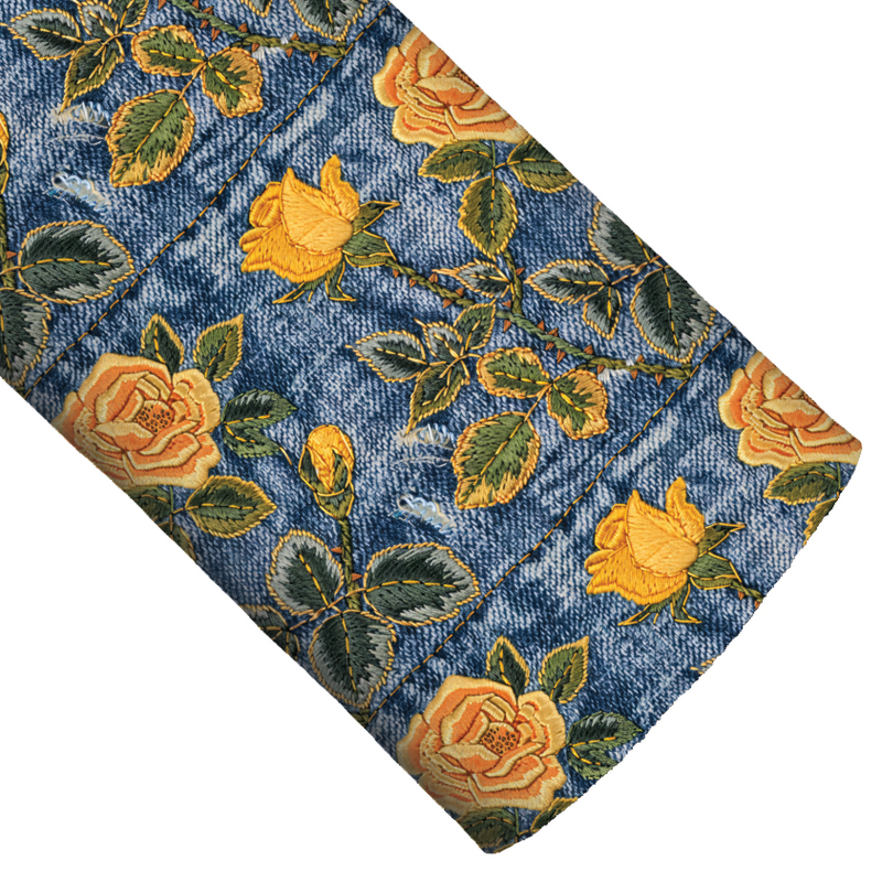 Yellow Rose Denim Realistic Embroidery Faux Leather