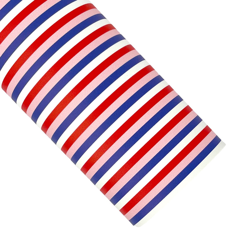 Red White Pink Blue Stripes Vegan Leather