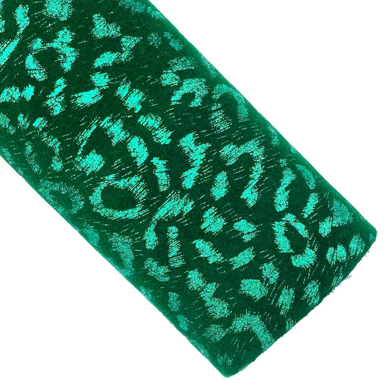 Deep Emerald Metallic Leopard Velvet Vegan Leather