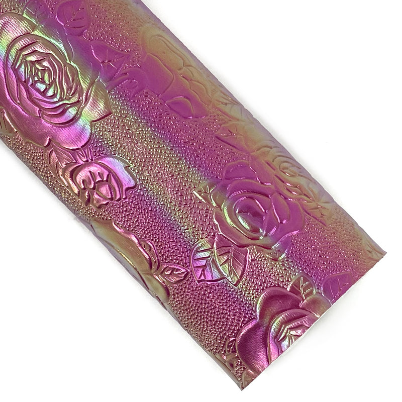 Pink Pearlescent Embossed Roses Vegan Leather